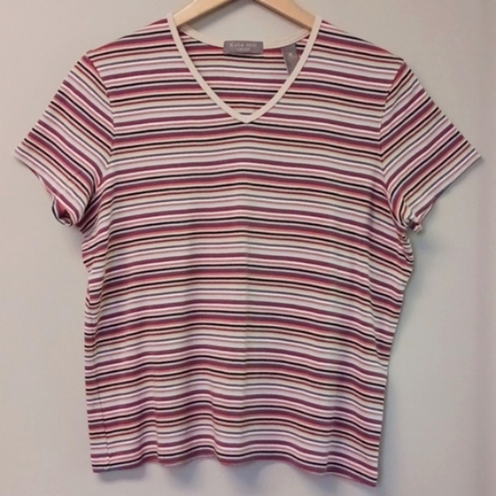 Kate Hill V- Neck Cotton Striped Short Sleeve T-shirt Size XL - Picture 2 of 10